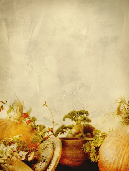 背景テクスチャのカボチャ、ニンジン、種子、バターナット スカッシュ、ハーブと秋の季節の野菜添え静物組成 — ストック写真