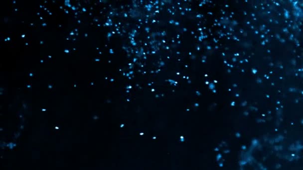 Partículas azules y negras flotando sobre un fondo nebuloso oscuro - full hd — Vídeo de stock