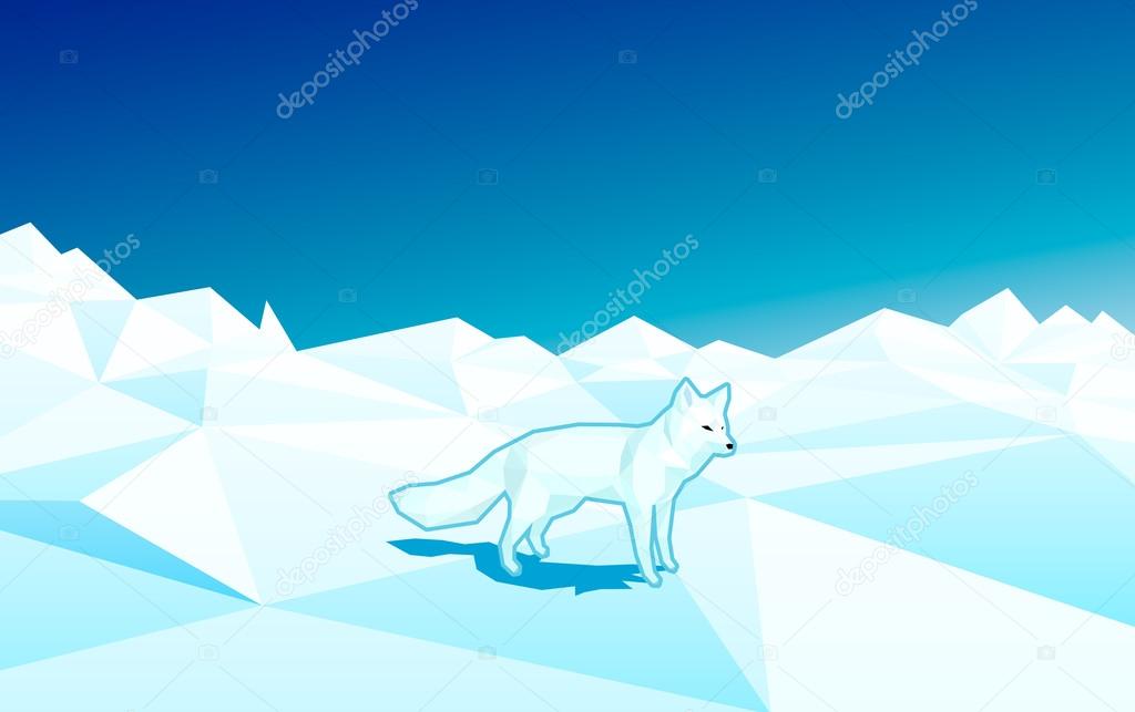 White fox in low poly style on the floe in north pole - editable polygonal illustration