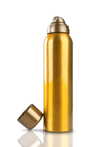 Gold Deodorant Perfume Can or Bottle with reflection — Stock Photo, Image