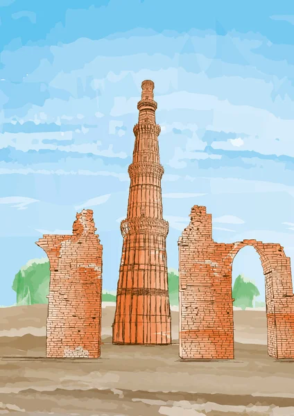 Handgezeichnetes qutub minar, new delhi, india - vektorillustration — Stockvektor