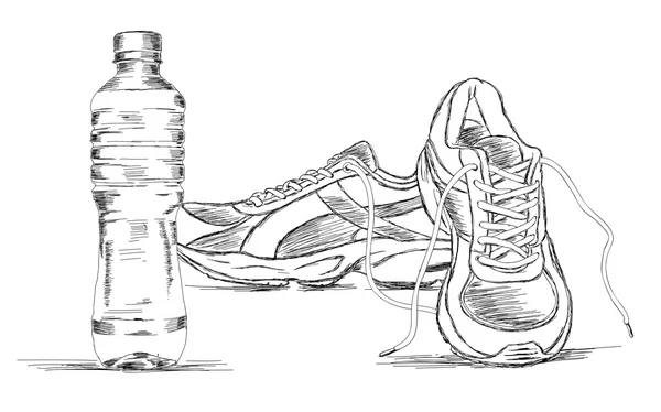 水のボトルやスニーカー靴ベクター スケッチ イラスト — ストックベクタ