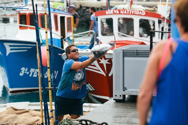 Fishermen unloading catch in the port — Stock Photo, Image