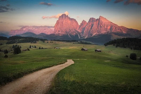 Seiser Alm s skupině Langkofel po západu slunce, Jižní Tyrolsko, Itálie — Stock fotografie