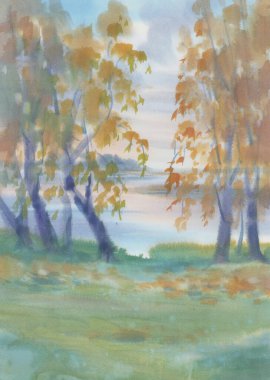 Sonbahar suluboya arka planda gölün kenarında sabah sisi