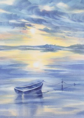 Sabah sisi, gölün kenarında, suluboya arka planda.