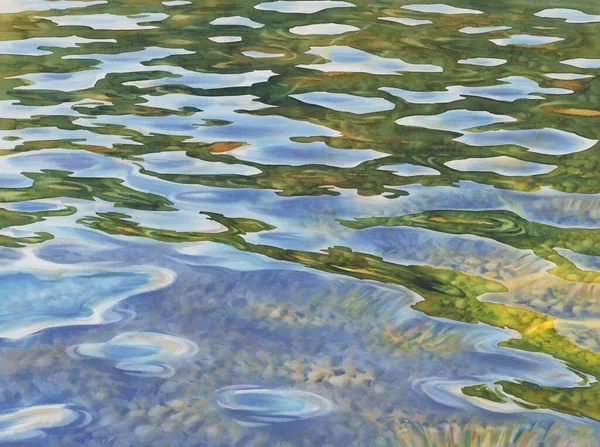 Las olas de agua soleadas con piedras en el fondo de la acuarela del lago —  Fotos de Stock