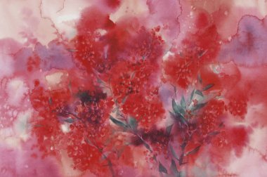 Sonbahar hasat meyveleri kırmızı suluboya arka planda.