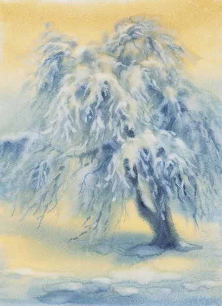 Paysage hivernal avec pommier gelé et neige. Illustration aquarelle — Photo