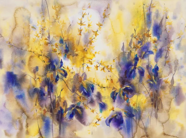 Yellow and violet spring flowers watercolor background