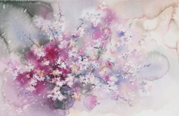 Sakura blanc en fleur fond aquarelle. Illustration floraison printanière — Photo