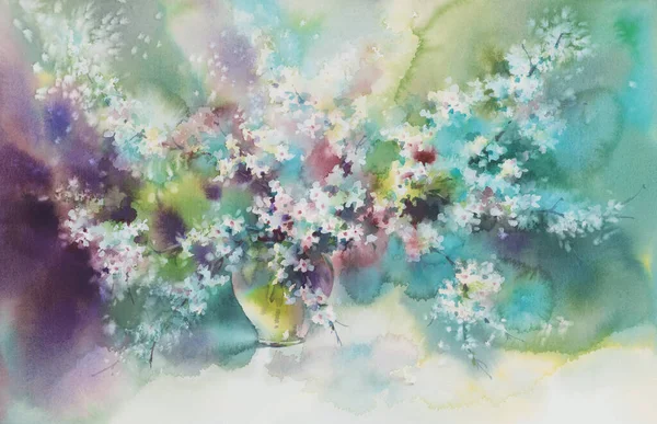 Witte sakura in bloei aquarel achtergrond. Voorjaarsbloei illustratie — Stockfoto