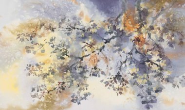 Sakura dalları suluboya arka planda çiçek açıyor. İlkbahar illüstrasyonu