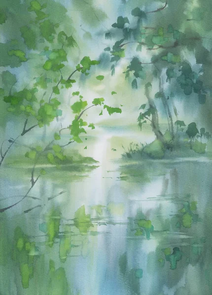 Um riacho na floresta em fundo aquarela primavera — Fotografia de Stock