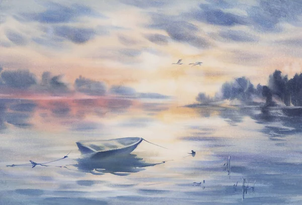 雲と湖で手描き水彩画の風景 — ストック写真