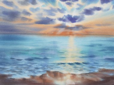 Akşam gökyüzü deniz tarafından yansıtılır suluboya arka plan