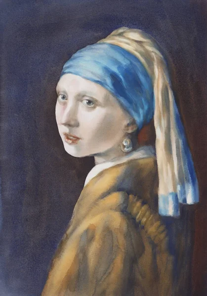 İnci küpeli suluboya bir kız.