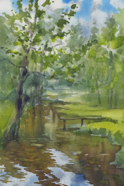 春天水彩斑斓的森林里的一条小河 — 图库照片