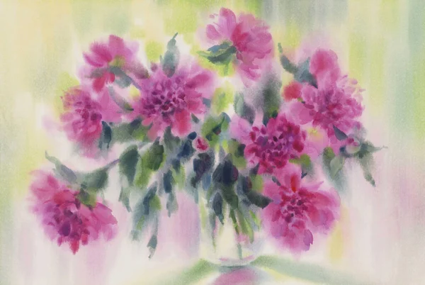 Un bouquet de pivoines roses dans un vase aquarelle fond — Photo