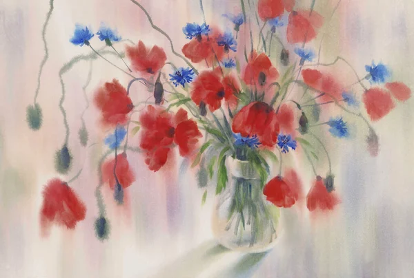 花瓶水彩背景下的红罂粟和玉米花 — 图库照片