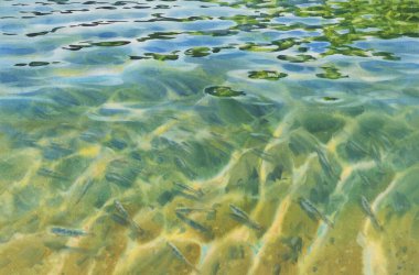 Şeffaf dalgalar ve suluboya arkaplan ile güneşli su