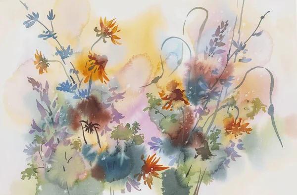 Um buquê de flores coloridas do prado de verão fundo aquarela — Fotografia de Stock