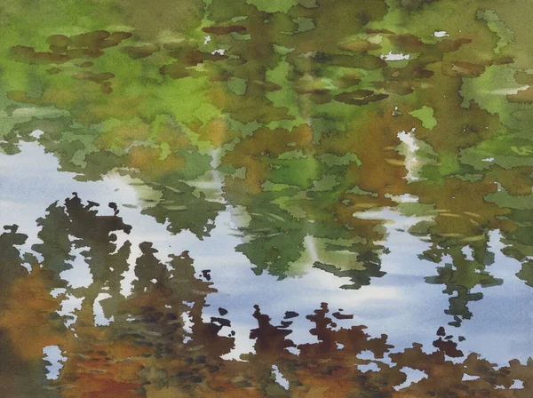 春の森の中の小川水彩画の背景 — ストック写真