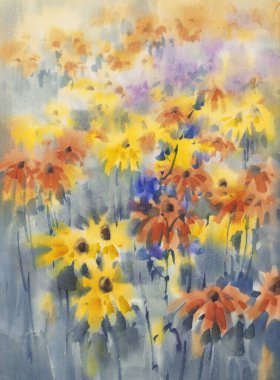 Sarı ve turuncu yaz çiçekleri suluboya arka plan