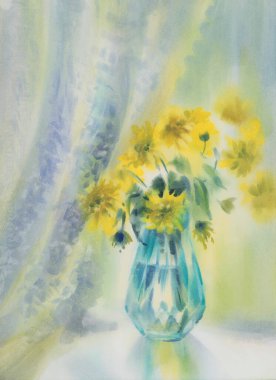 Pencere kenarındaki vazoda sarı çiçekler suluboya arkaplan