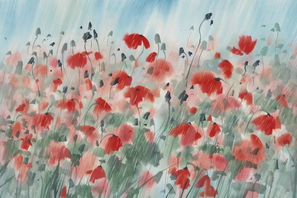 雨中水彩画背景下的红罂粟地 — 图库照片