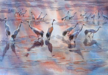 Sis içindeki suluboya arazide turnalar. Kuş çizimi