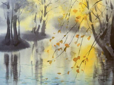 Sonbahar sabahı nehir kenarında güneş ışığı suluboya arka planda. Sarı renkler