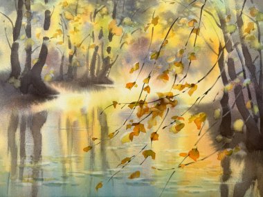 Sonbahar sabahı nehir kenarında güneş ışığı suluboya arka planda. Sarı renkler