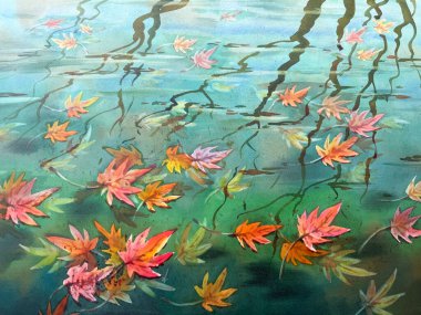 Yeşil suluboya arka planda akçaağaç kırmızısı yapraklar. Sonbahar çizimi