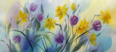 Bir buket menekşe lale ve nergis suluboya arka plan. Doğum günü illüstrasyonu