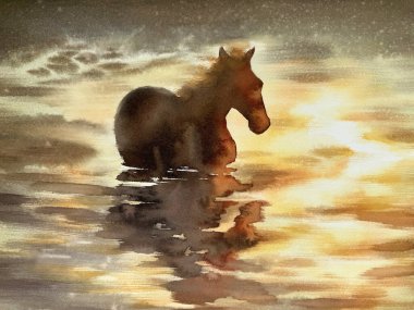 Altın akşam ışığı suluboya arka planda suyun içinde duran at silueti. Bahar havası