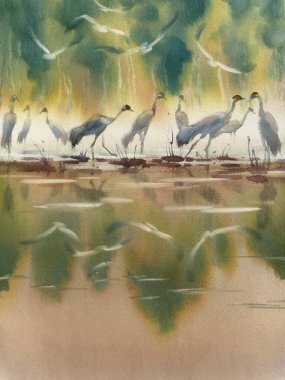 Suluboya arka planda bir grup vinç. İlkbahar illüstrasyonu