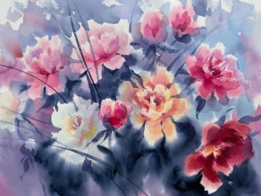 Bir buket renkli şakayık suluboya arka plan. Doğum günü illüstrasyonu