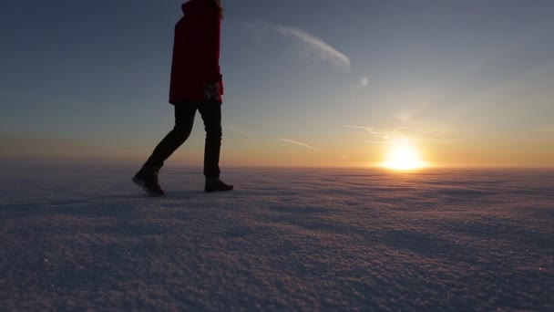 L'homme traverse la neige vers le soleil — Video