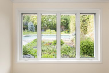 Window with view of summer backyard clipart