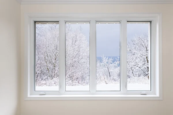 Окно с видом на зимние деревья — стоковое фото