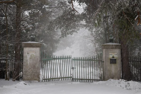 Vecchio cancello carraio in inverno — Foto Stock