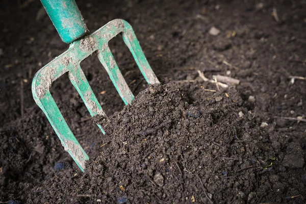 Garden fork turning composted soil — Stock Photo, Image