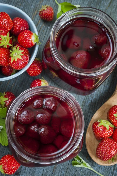 Glass jars with homemade strawberry — Stock Photo, Image