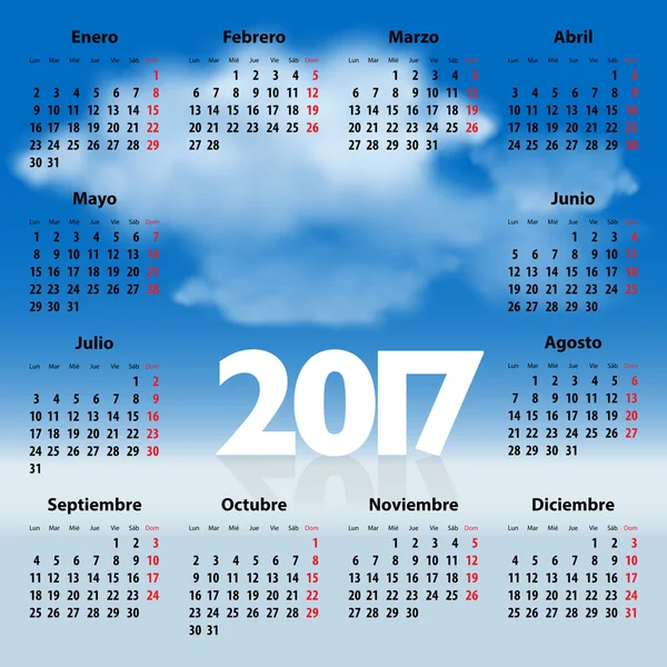 Calendario 2017 año en español con nubes — Vector de stock