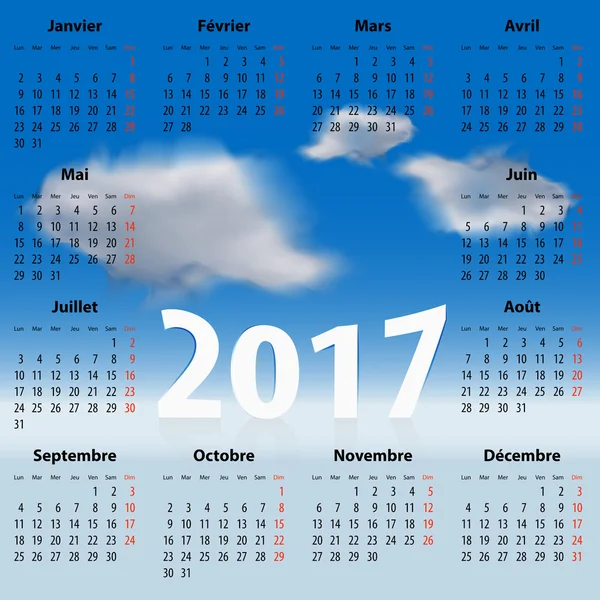 Französischer Kalender für 2017 Jahr mit Wolken am blauen Himmel. — Stockvektor