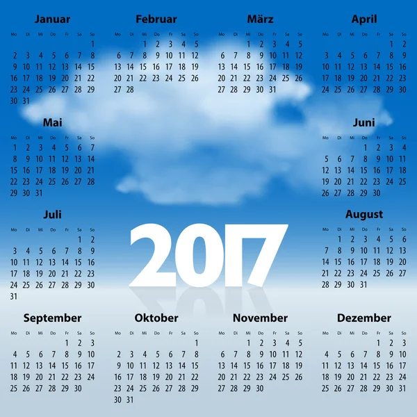 Bulutlar ile 2017 yıl için Almanca takvim — Stok Vektör