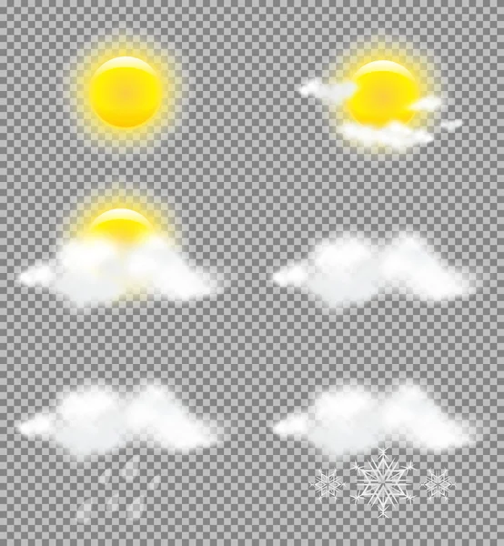 Realistic transparency sun and clouds in weather icons set — Stock Vector