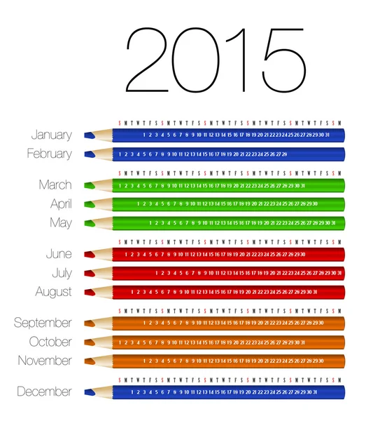 English calendar for 2015 on colorful pencils — Stock Vector