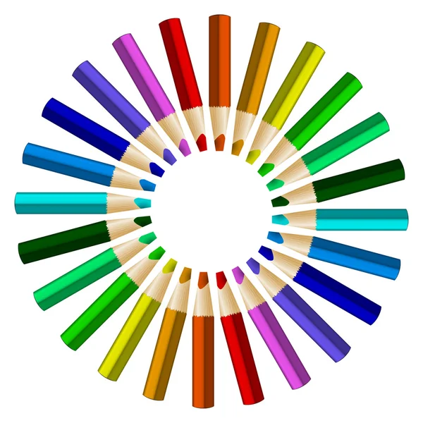 Crayons de couleur dans organiser en couleurs de roue de couleur sur fond blanc — Image vectorielle